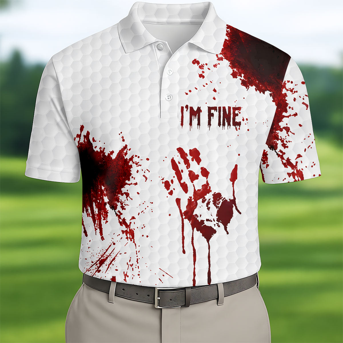 I'm Fine Bloody Halloween Golf Polo Shirt, Golf Polo Shirts For Men, Printed Golf Shirts