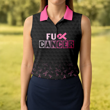 Fuck Cancer Black Pink Ribbon Breast Cancer Polo Shirt, Women's Golf Tops, Ladies Golf Top