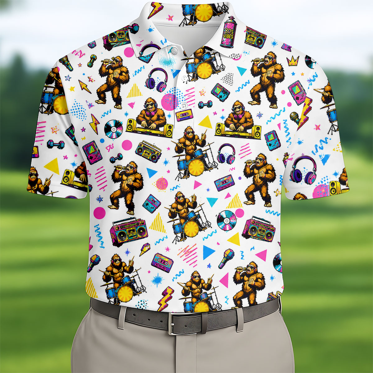 Bigfoot Party Memphis Pattern Retro Golf Shirt, Hawaiian Golf Shirt, Polo Shirts For Men