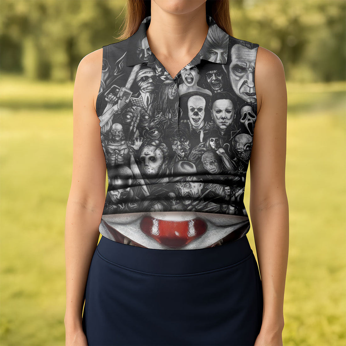 Sharp Teeth Clown Horror Character Halloween Polo Shirt, Womens Golf Tops, Ladies Golf Top