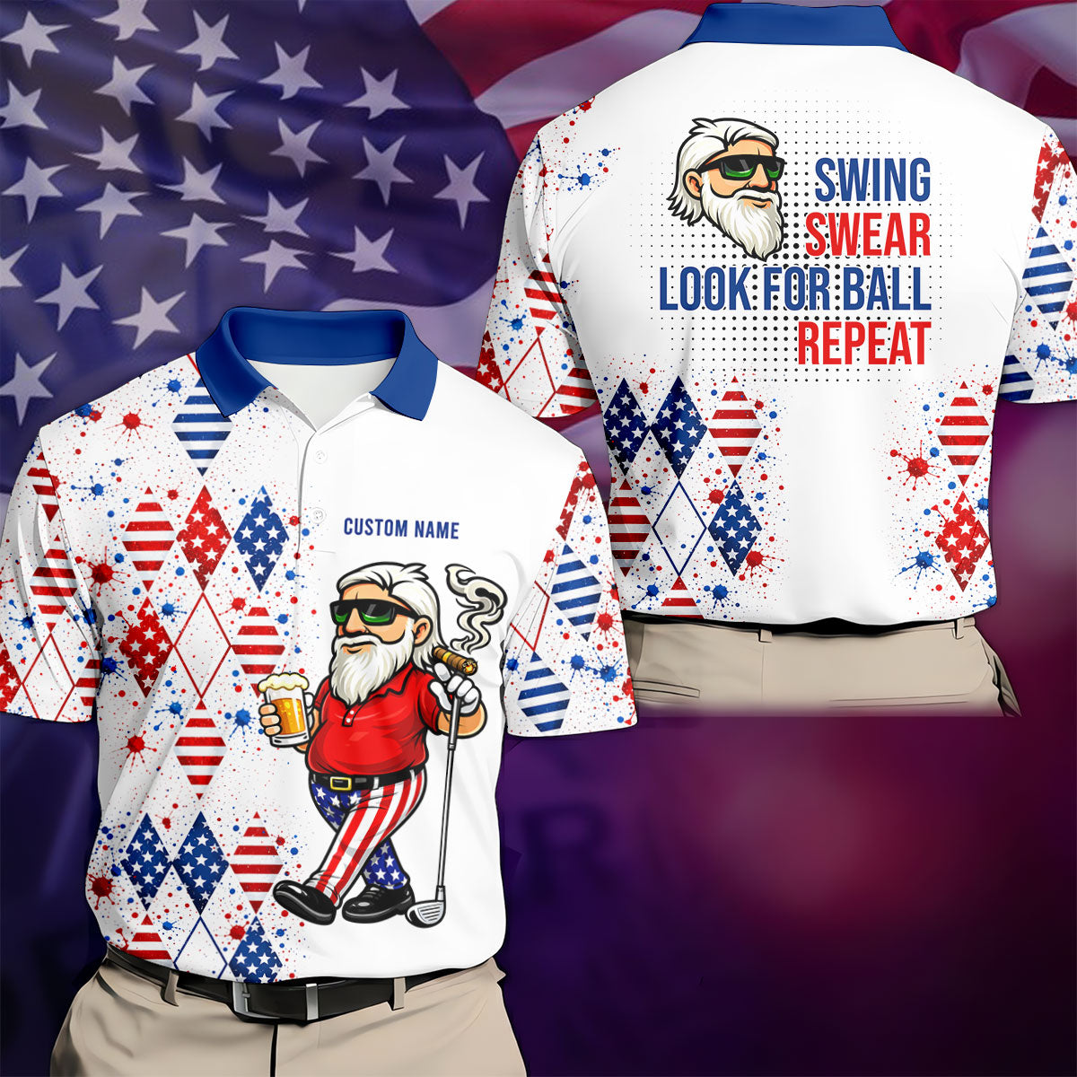 Patriotic Man Golf And Beer Argyle Pattern 4th Of July Golf Shirt, 250 Years Golf Shirts For Men