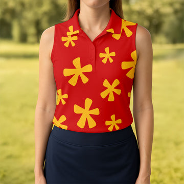 Red Hawaiian Floral Sleeveless Golf Polo, Women’s Sleeveless Golf Shirt, Golf Polo For Women