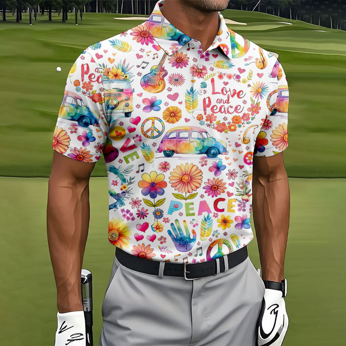 Retro Love Peace Van Floral Hawaiian Golf Shirt, Men's Golf Shirt, Printed Golf Shirts