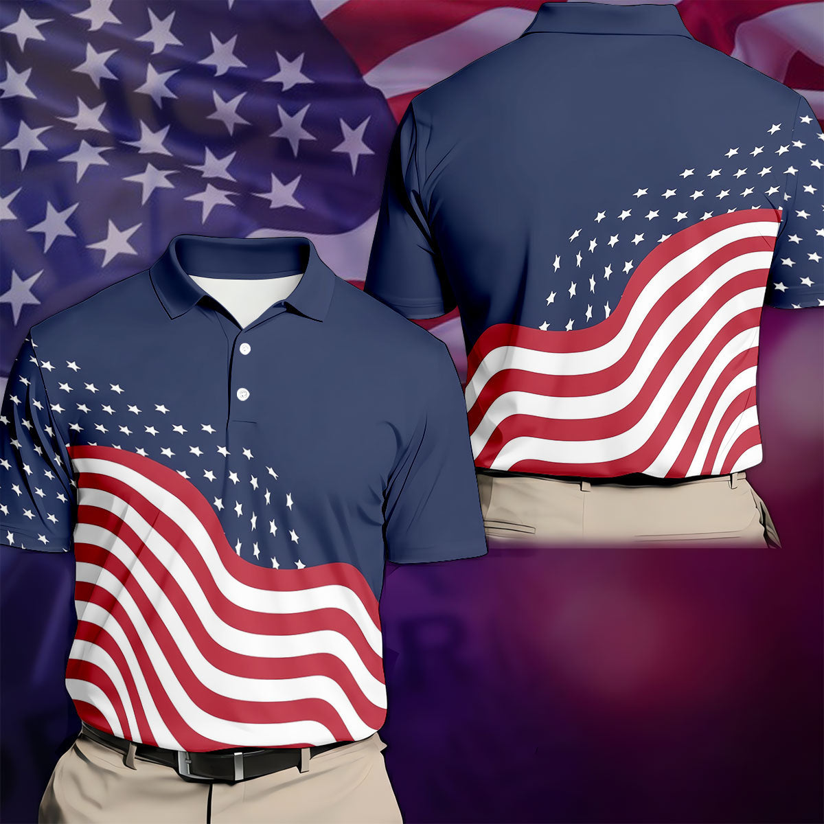 Red White Blue Wavy Stripes And Stars 4th Of July Patriotic Golf Shirt, 250 Years Golf Shirts For Men