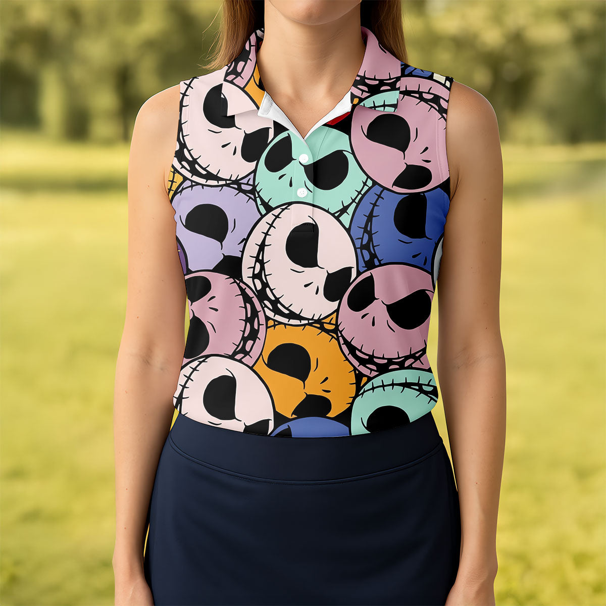 Colorful Cartoon Skull Halloween Golf Polo Shirt, Women’s Golf Polo, Ladies Golf Tops