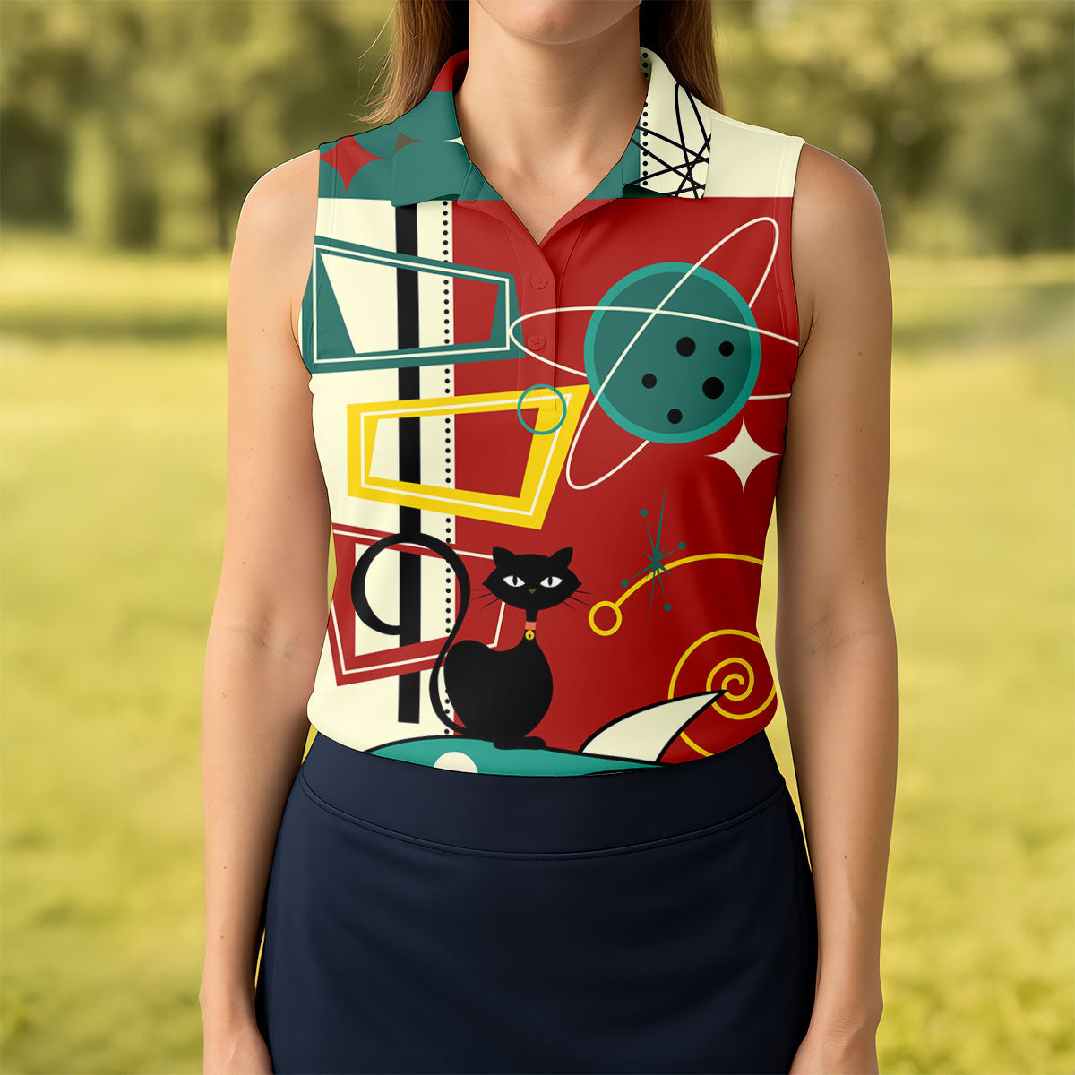Geometric Abstraction Atomic Cat Hawaiian Golf Shirt, Retro Golf Shirt, Women's Golf Tops