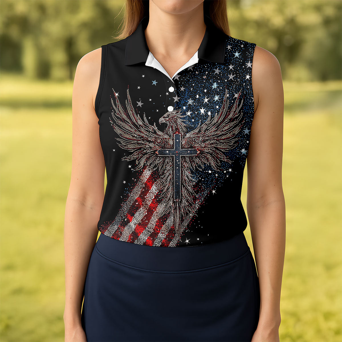 Faith Cross Patriotic Eagle Rhinestones Pattern 4th Of July Golf Shirt, 250 Years Golf Shirt For Women