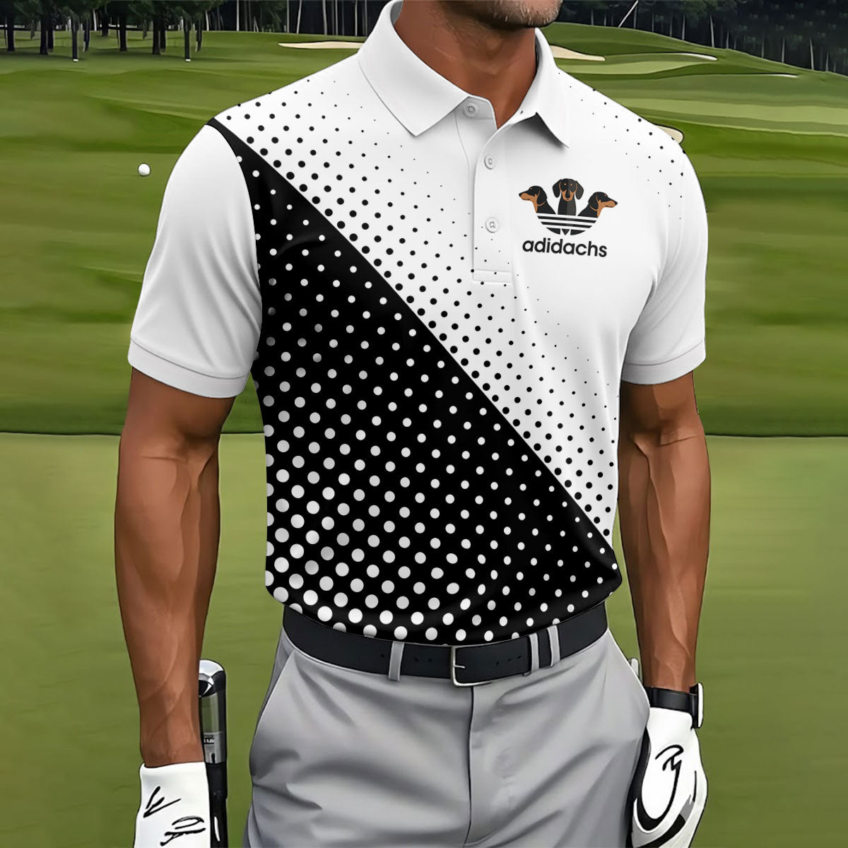 Adidachs Funny Dachshund White Golf Shirt, Men's Funny Golf Shirts, Polo Shirts For Men