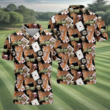 Money Tiger Poker Dice Chips And Cards Hawaiian Golf Shirt, Men's Funny Golf Shirts