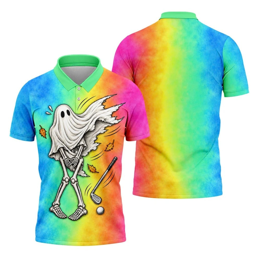 Windy Skeleton Ghost Golf Polo Shirt, Halloween Shirts For Men, Golf Polo Shirts For Men