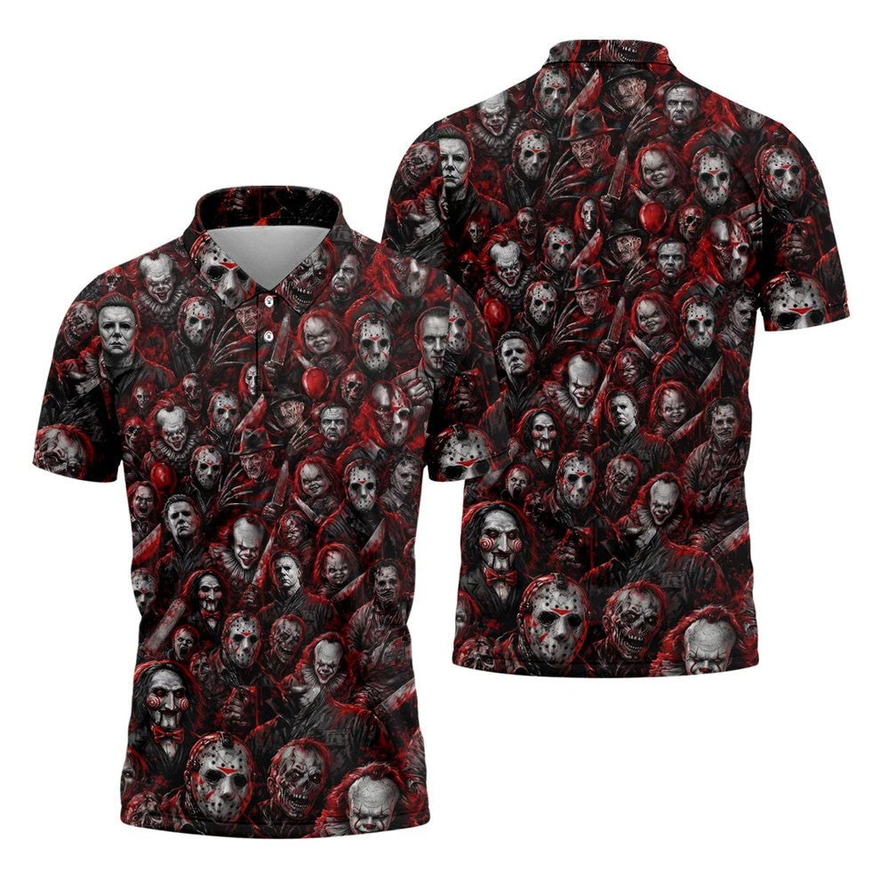 Red Horror Character Clown Collage Golf Polo Shirt, Mens Golf Polo, Printed Golf Shirts