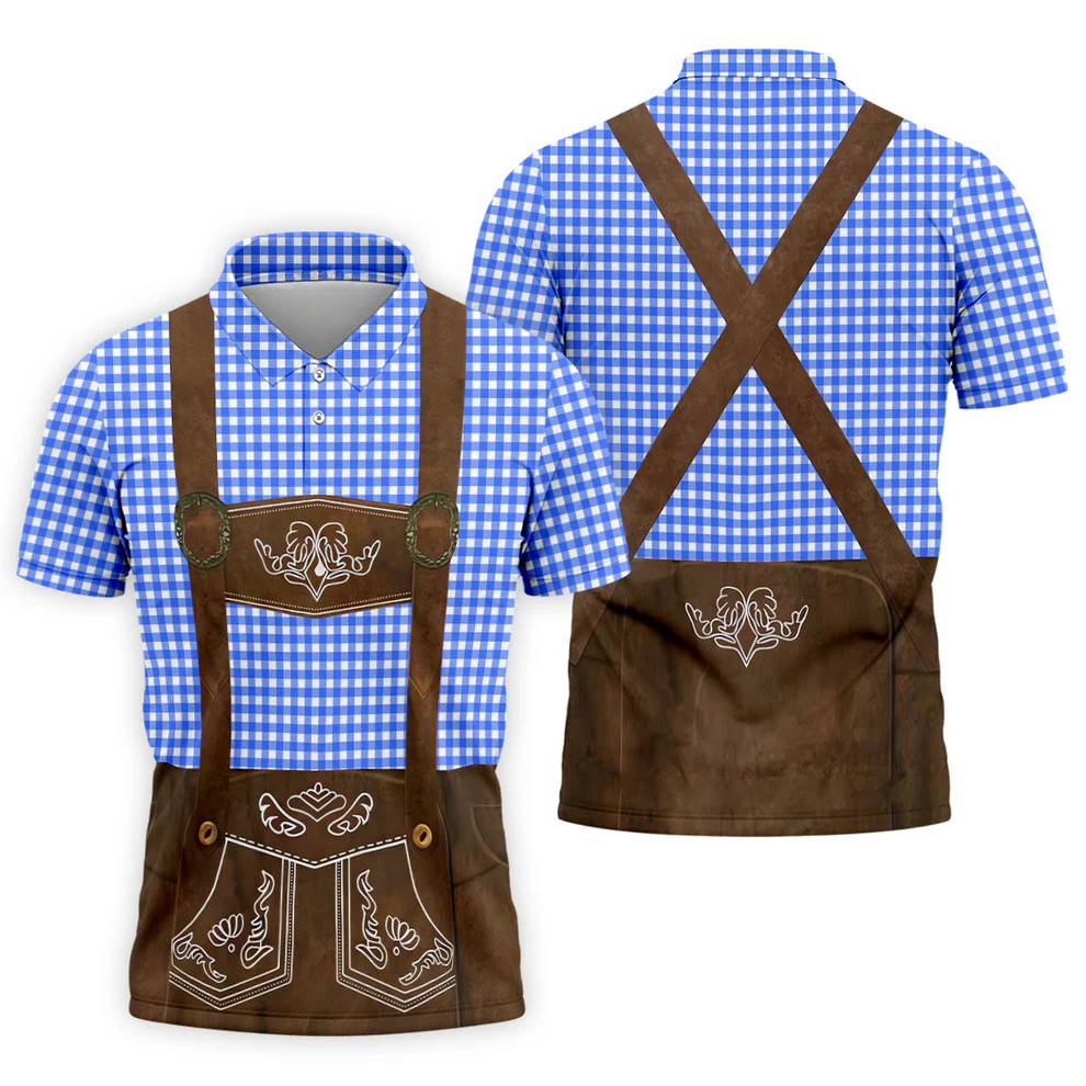 Blue Oktoberfest Lederhosen Illusion Sleeveless Golf Polo, Golf Shirts For Men, Mens Golf Apparel
