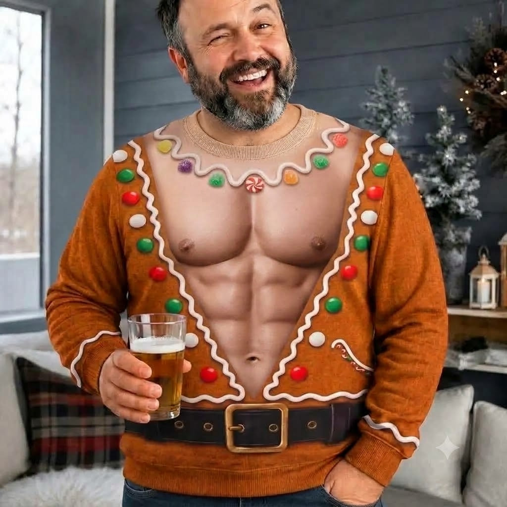 Funny Ugly Christmas Sweatshirt - Gingerbread Man 6-Pack Abs Chest Printed Holiday Jumper
