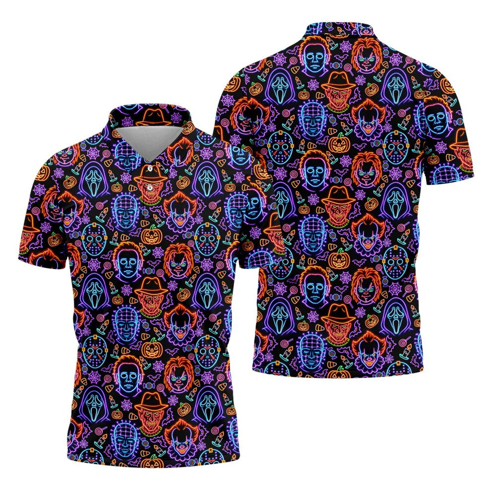 Neon Horror Character Movie Villain Pattern Golf Polo Shirt, Men's Golf Polo, Hawaiian Golf Shirt