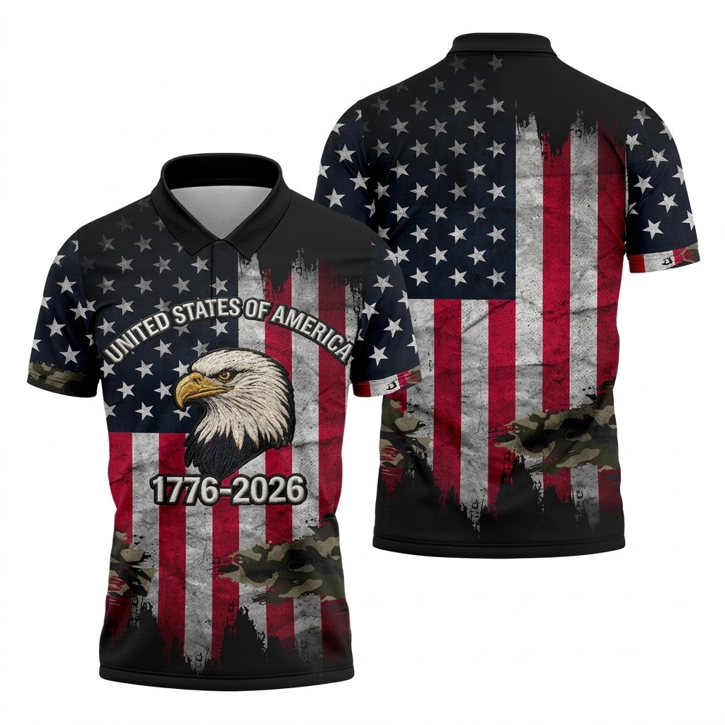 USA Bald Eagle 250 Years Camo American Flag Golf Shirt, Patriotic 4th Of July Golf Shirts For Men