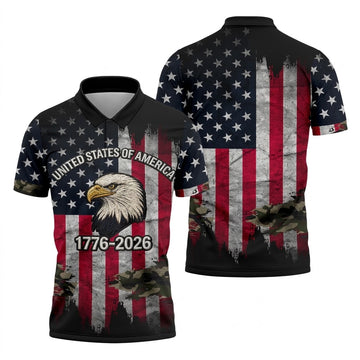 USA Bald Eagle 250 Years Camo American Flag Golf Shirt, Patriotic 4th Of July Golf Shirts For Men