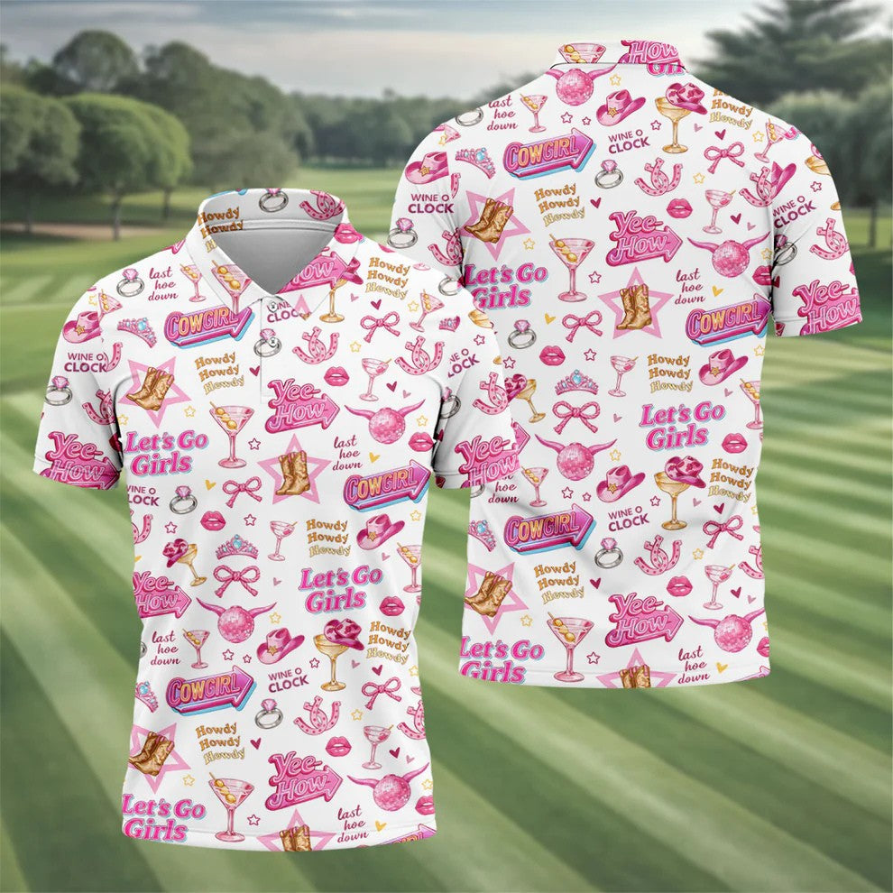 Pink Cowgirl Western Party Icons Golf Polo Shirt, Golf Shirts For Men, Mens Golf Apparel