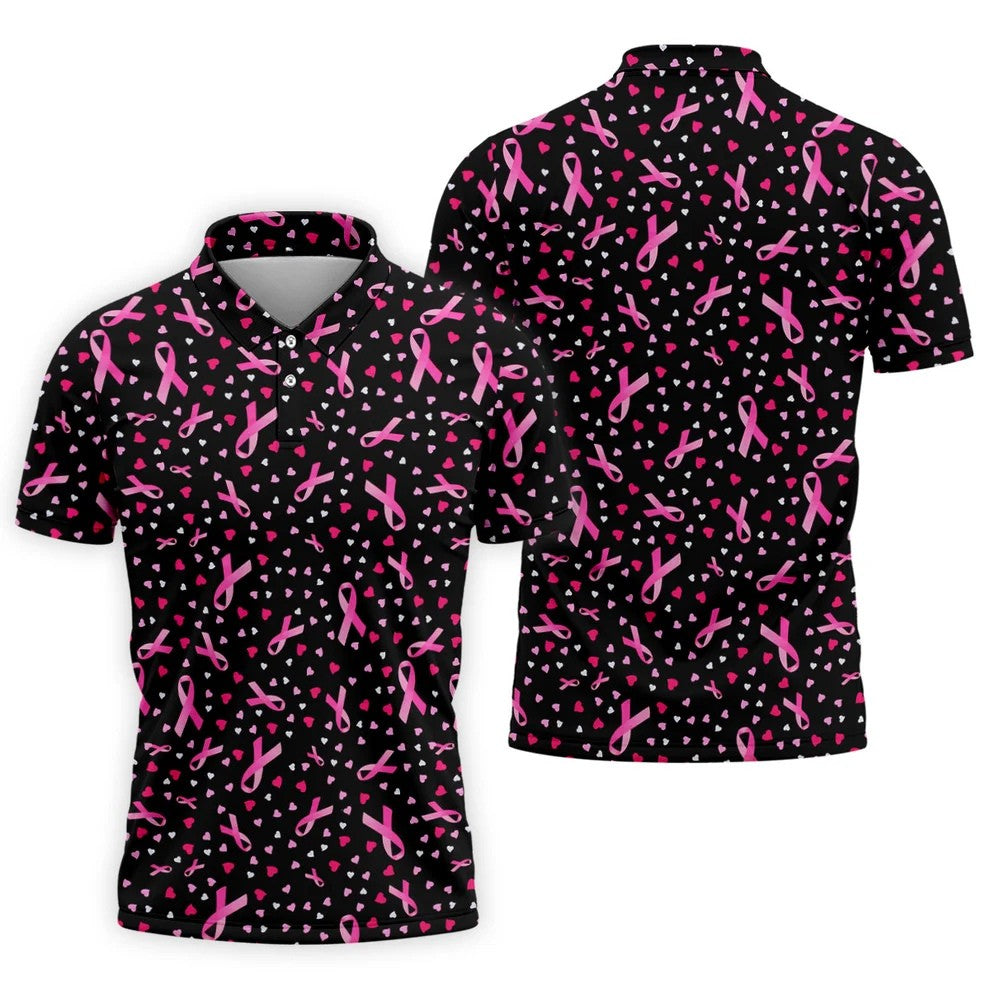 Black Pink Ribbon Heart Breast Cancer Polo Shirt, Golf Shirts For Men, Mens Golf Apparel