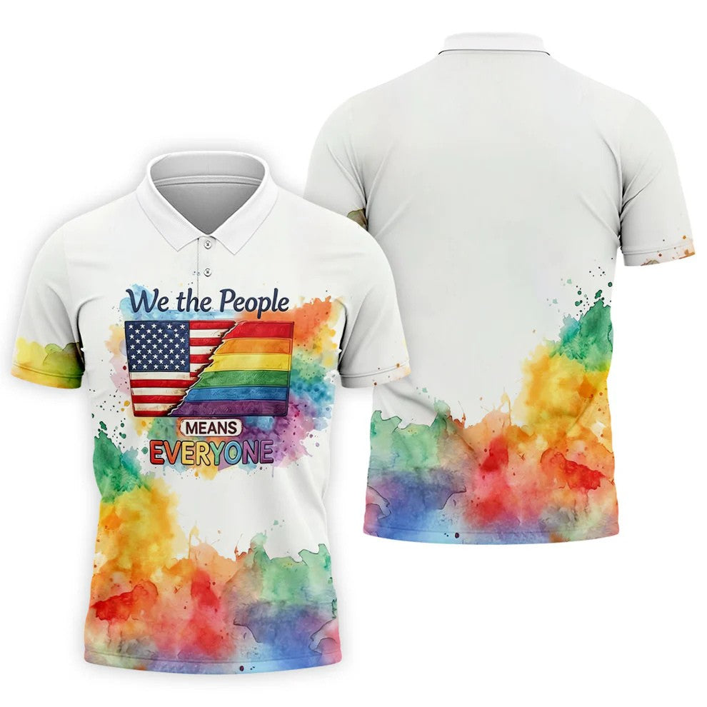 We The People Means Everyone Water Color Print Golf Shirt, LGBTQ Month Polo Shirts For Men
