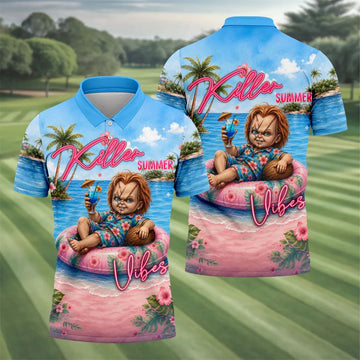 Killer Summer Vibes Evil Doll Golf Polo Shirt, Golf Shirts For Men, Mens Polo Shirts