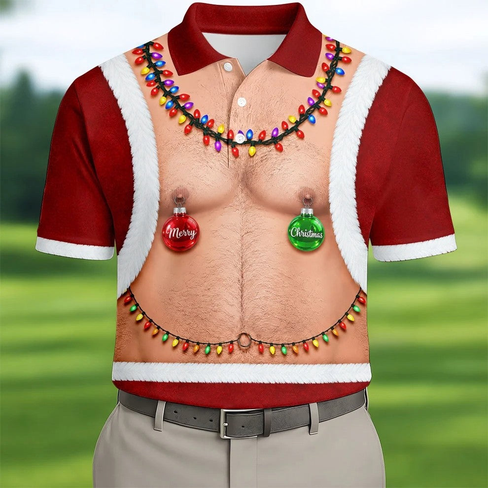 Funny Santa Ornament Lights Christmas Golf Shirt, Mens Golf Polo, Golf Apparel For Men