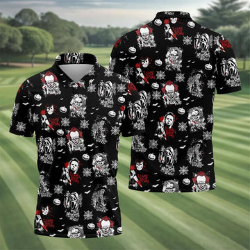 Funny Horror Character Men's Golf Polo ShirtScary Movie Shirt, Fun Golf Polo ShirtHalloween Gift