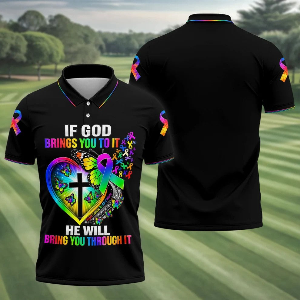 If God Brings You To It Butterfly Cancer Polo Shirt, Mens Golf Polo, Men's Golf Shirt