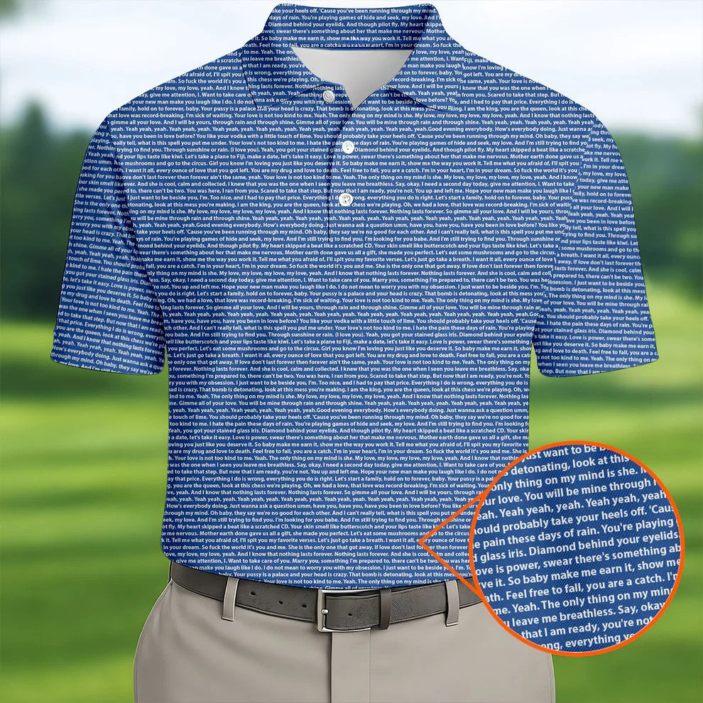 Blue Text Pattern Golf Polo Shirt, Golf Polo Shirts For Men, Mens Golf Apparel