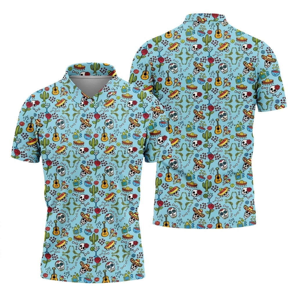 Mexican Sugar Skull Sombrero Guitar Cinco De Mayo Celebration Fiesta Themed Golf Shirts For Men