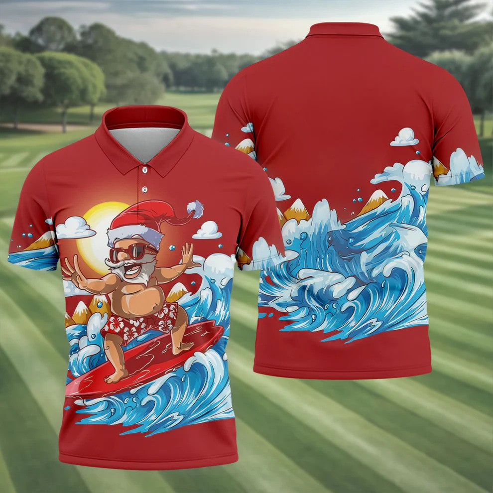 Men's Funny Santa Surfing Men's Golf Polo, Christmas Golf Shirt, Golf Apparel For Men