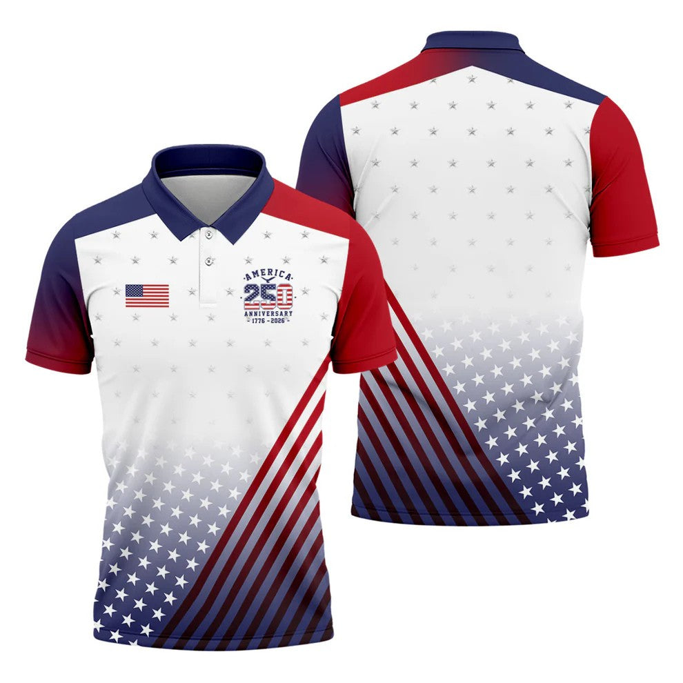 America 250 Anniversary 1776-2026 Flag Logo Golf Shirts For Men, Patriotic 4th Of July Golf Shirt