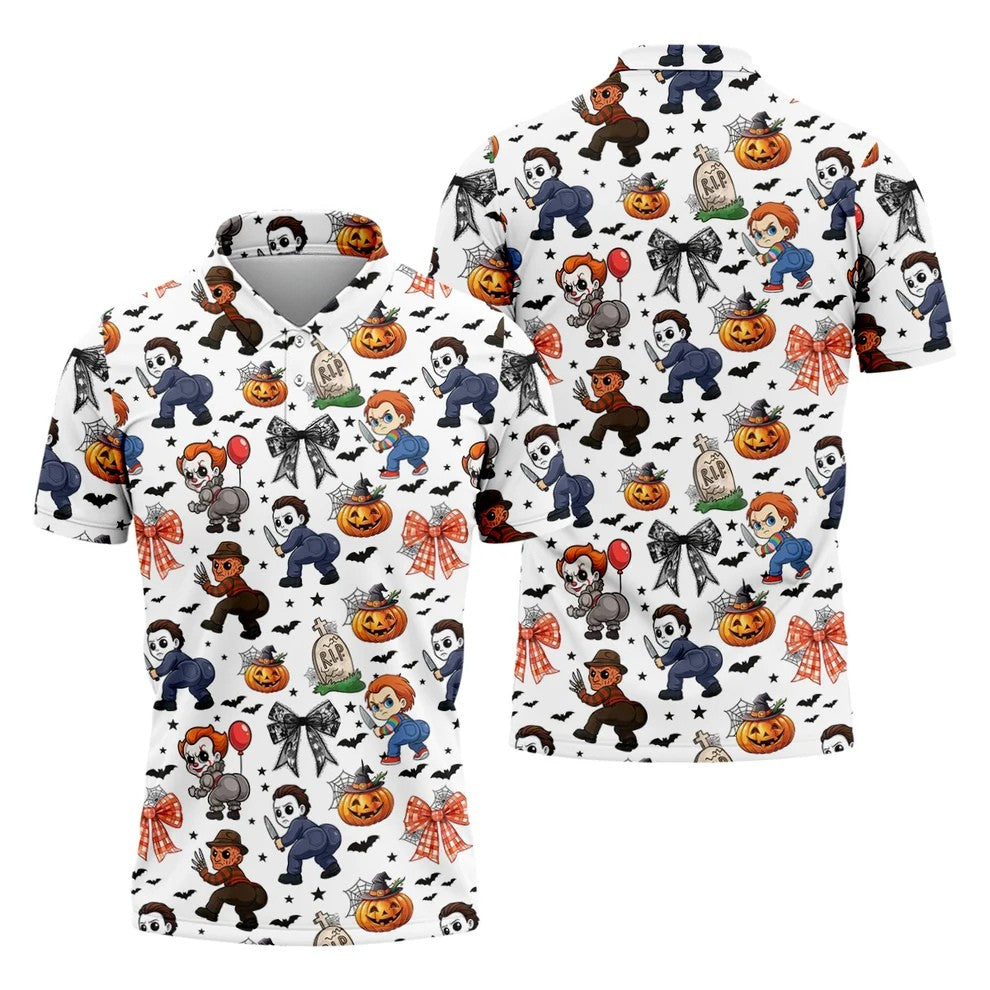 Funny Horror Character Men's Golf Shirt, Horror Movie Halloween Shirt, Halloween Golf Shirt, Men Golf Gift