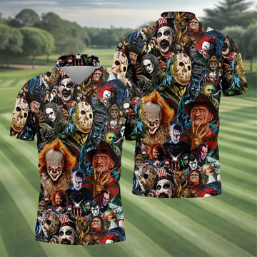 Iconic Horror Character Legends Collage Golf Polo Shirt, Mens Golf Shirts, Printed Golf Shirts