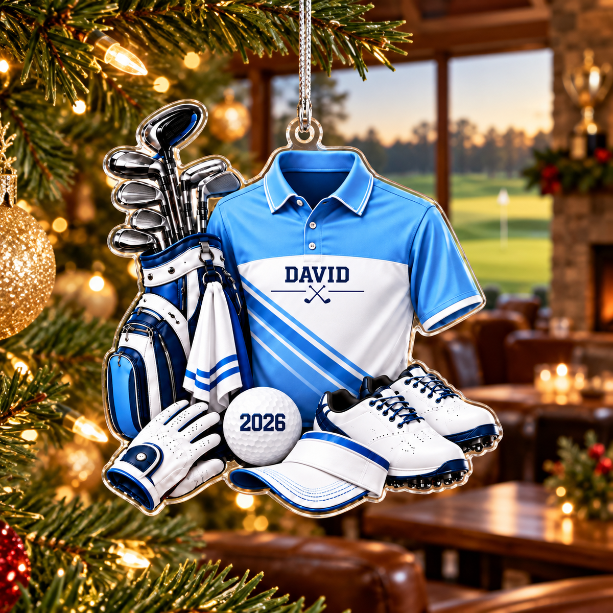Custom Name Light Blue Golf Shirt Bag Acrylic Ornament, Christmas Gifts, Golfer Gifts
