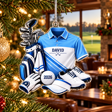 Custom Name Light Blue Golf Shirt Bag Acrylic Ornament, Christmas Gifts, Golfer Gifts