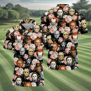 Horror Icons Floral Hawaiian Golf Shirt, Men's Golf Shirt, Printed Golf Shirts