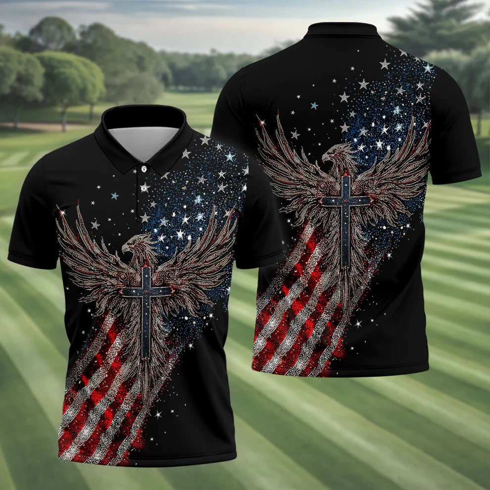 Faith Cross Patriotic Eagle Rhinestones Pattern 4th Of July Golf Shirt, 250 Years Golf Shirts For Men
