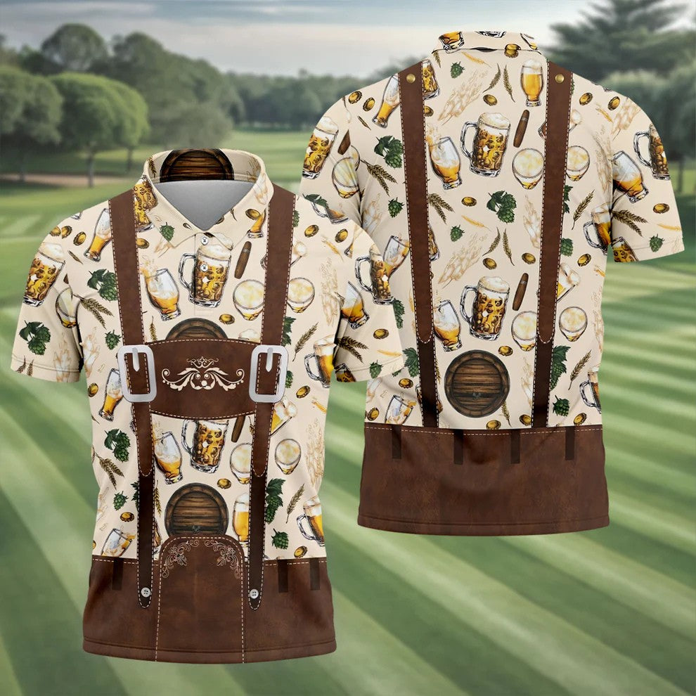 Oktoberfest Lederhosen Beer Pattern Golf Polo Shirt, Hawaiian Golf Shirt, Mens Golf Polo