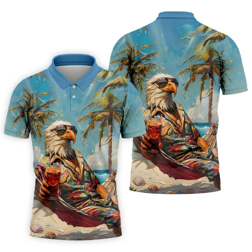 Cool Bald Eagle Tropical Vacation Hawaiian Golf Shirt, Vibrant Color Golf Shirts For Men