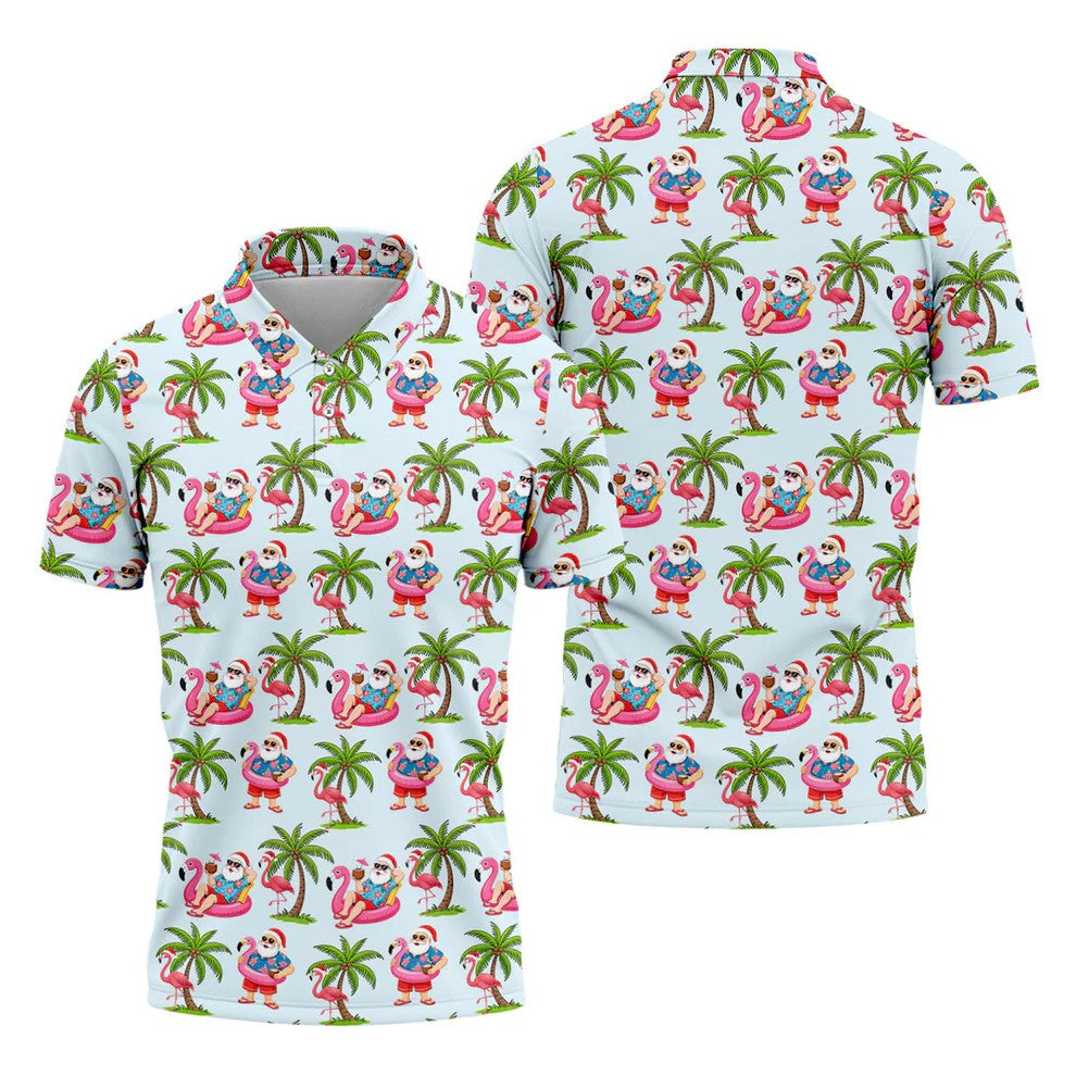 Flamingo Float Santa Christmas Golf Shirt, Men's Golf Shirt, Hawaiian Golf Shirt, Printed Golf Shirts