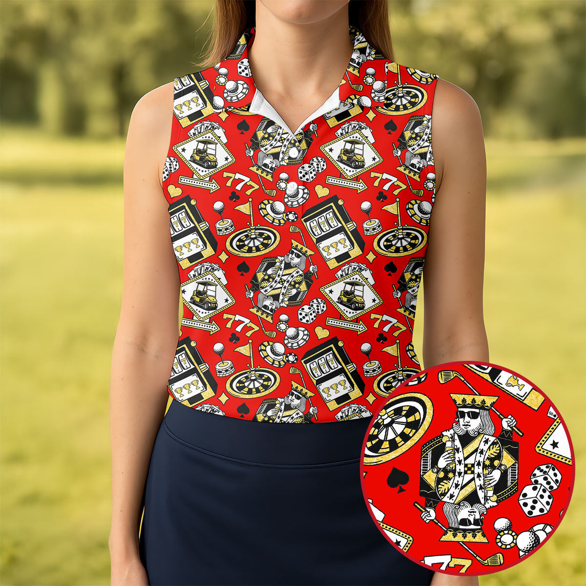 Casino Golf Pattern Red Hawaiian Golf Polo Shirt, Ladies Golf Shirt, Women's Golf Apparel