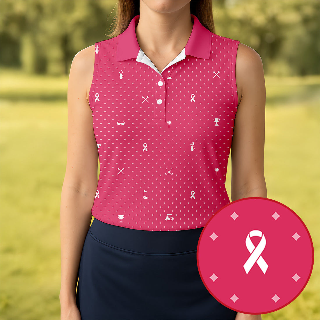Pink Ribbon Golf Pattern Breast Cancer Polo Shirt, Golf Polo For Women, Ladies Golf Shirts