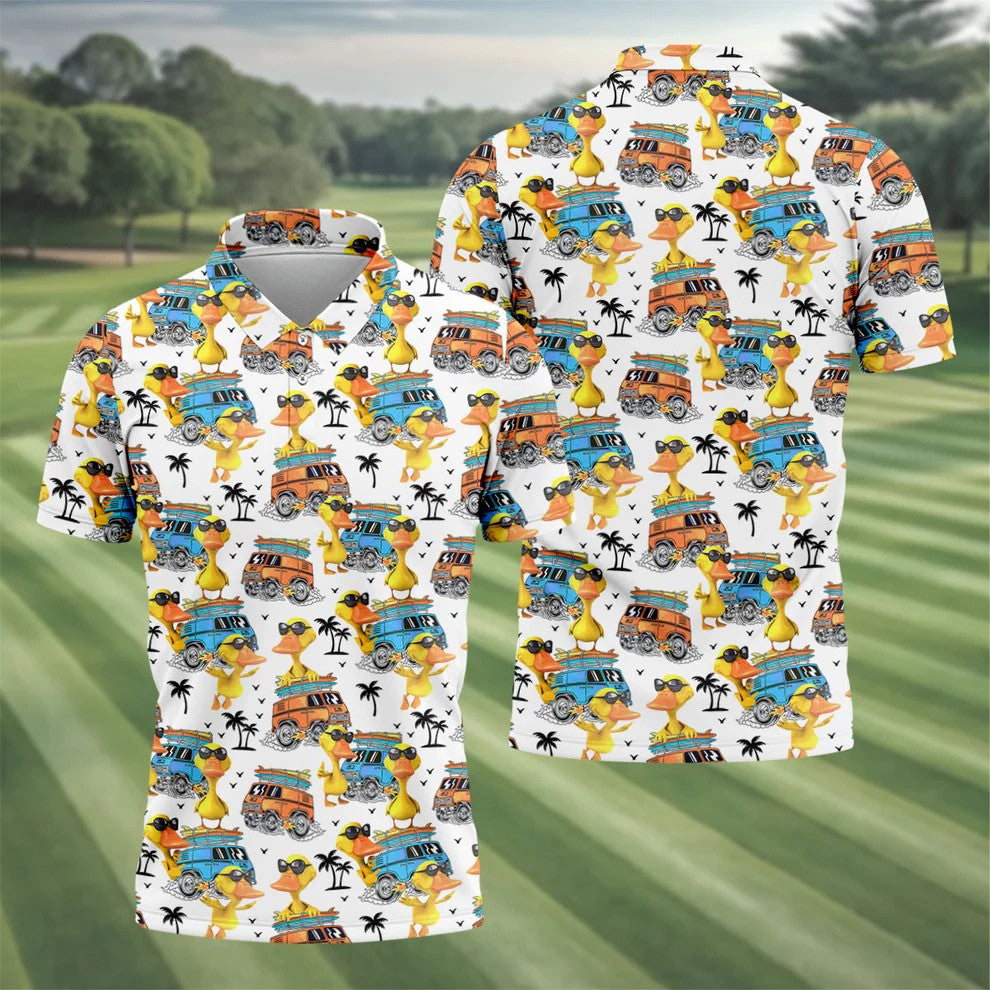 Cool Duck Surf Van Beach Golf Shirt, Mens Golf Shirts, Hawaiian Golf Shirt, Golf Apparel For Men