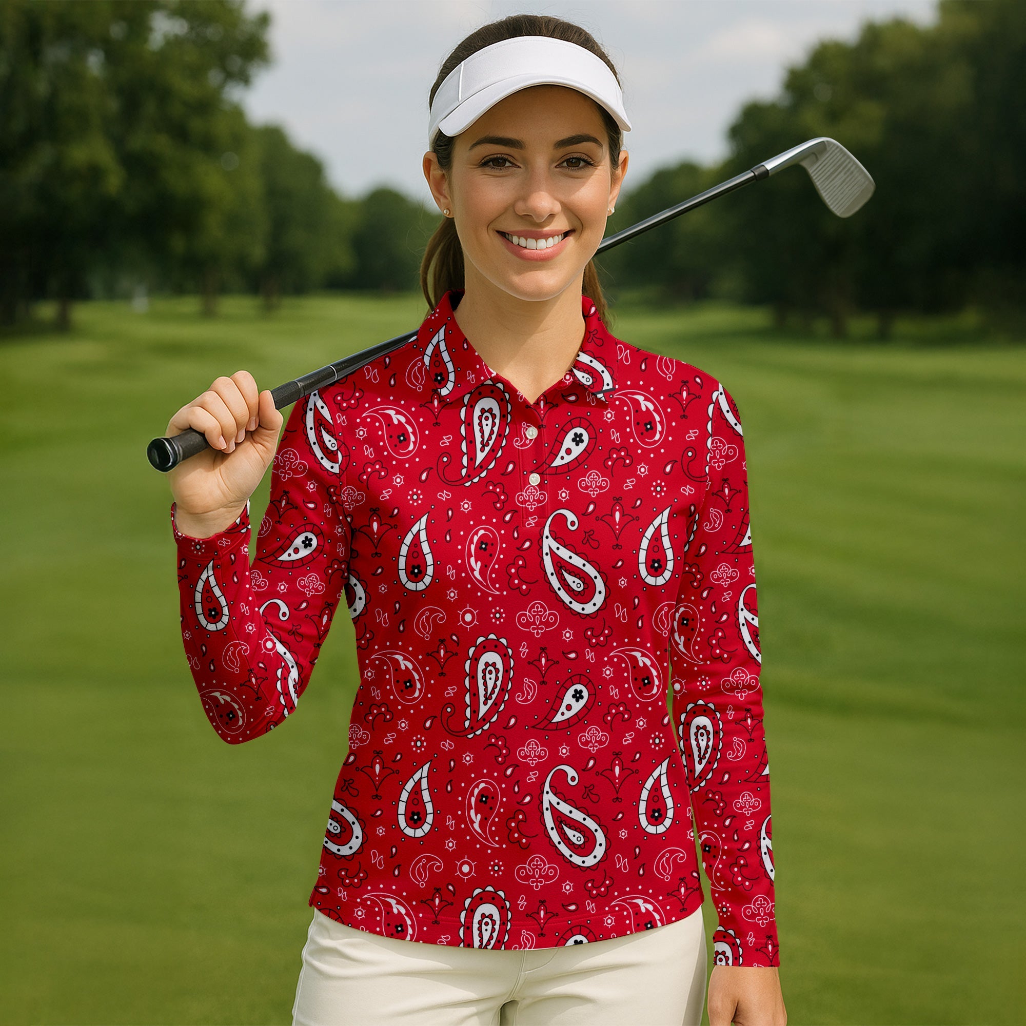 Paisley Bandana Funny Long Sleeve Polos Womens, Custom Ladies Golf Shirt