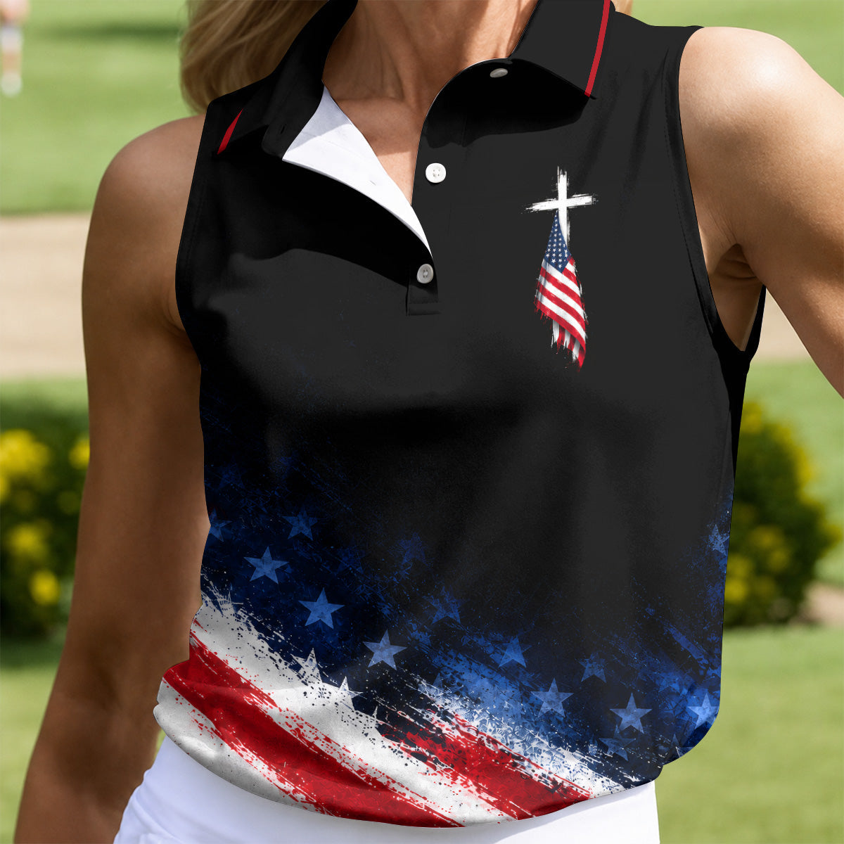 Veteran Cross USA Flag Golf Polo Shirt, Ladies Golf Shirts, Veterans Day Golf Shirt