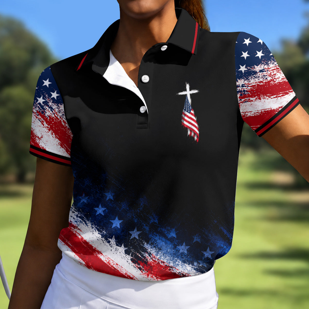 Veteran Cross USA Flag Golf Polo Shirt, Ladies Golf Shirts, Veterans Day Golf Shirt