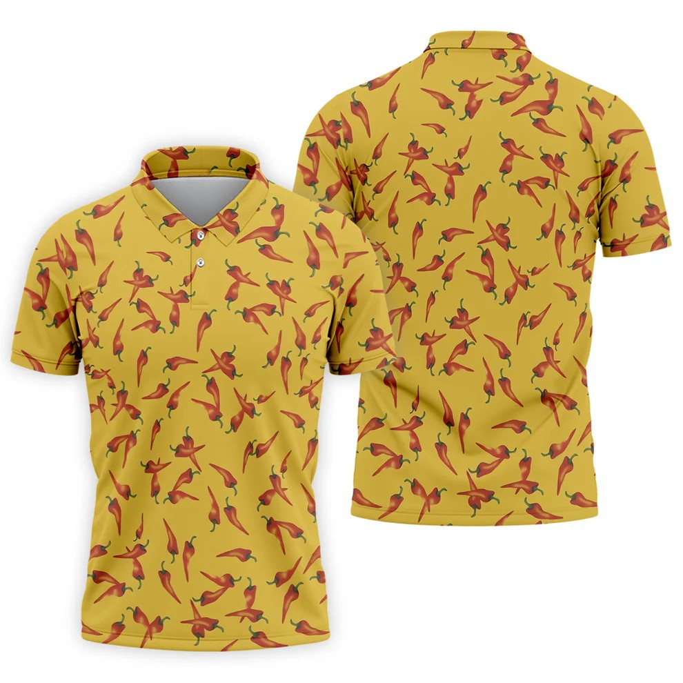 Red Chilli Yellow Hawaiian Golf Shirt, Summer Vibe Golf Shirts For Men, Polo Shirts For Men