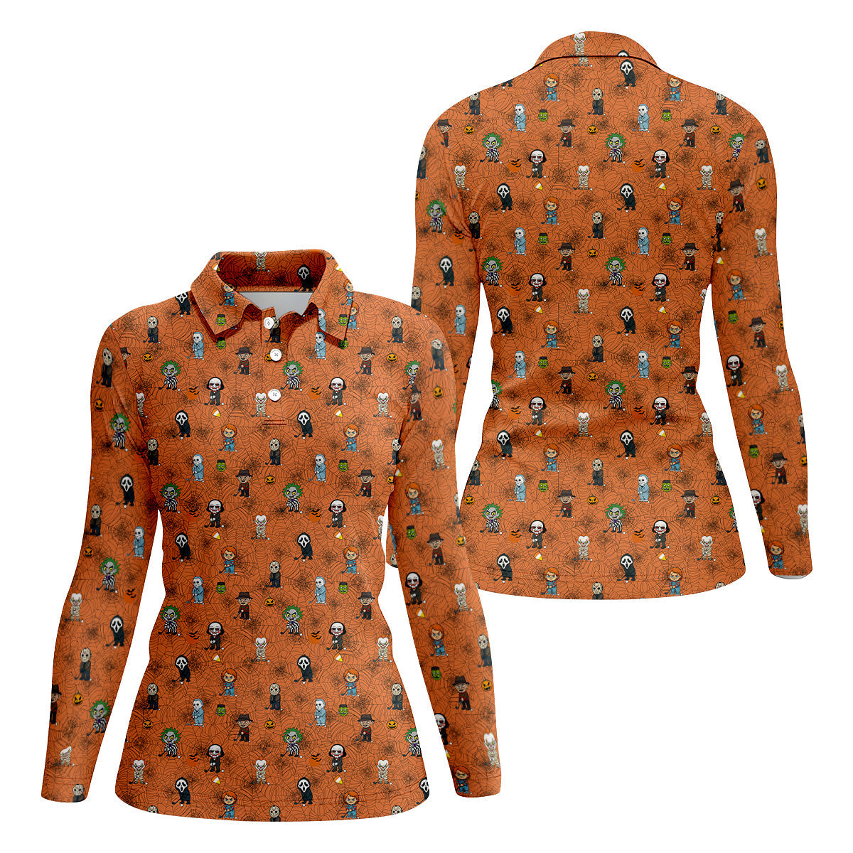 Funny Horror Character Orange Golf Polo Shirt, Horror Movie Shirt, Halloween Golf Shirt, Womens Golf Polo