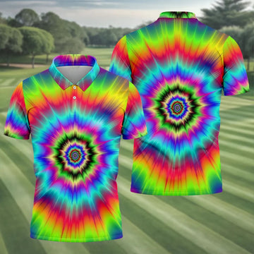 Rainbow Tie Dye Golf Shirt, Psychedelic Spiral Burst Pattern, Golf Shirt For Men