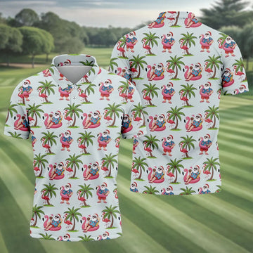 Tropical Santa Flamingo Beach Golf Polo, Christmas Golf Shirt, Golf Apparel For Men